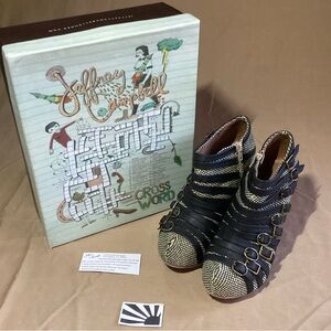 Jeffrey Campbell One-O-One Multi Buckle Wedge Natural/ Black Women's Size 8